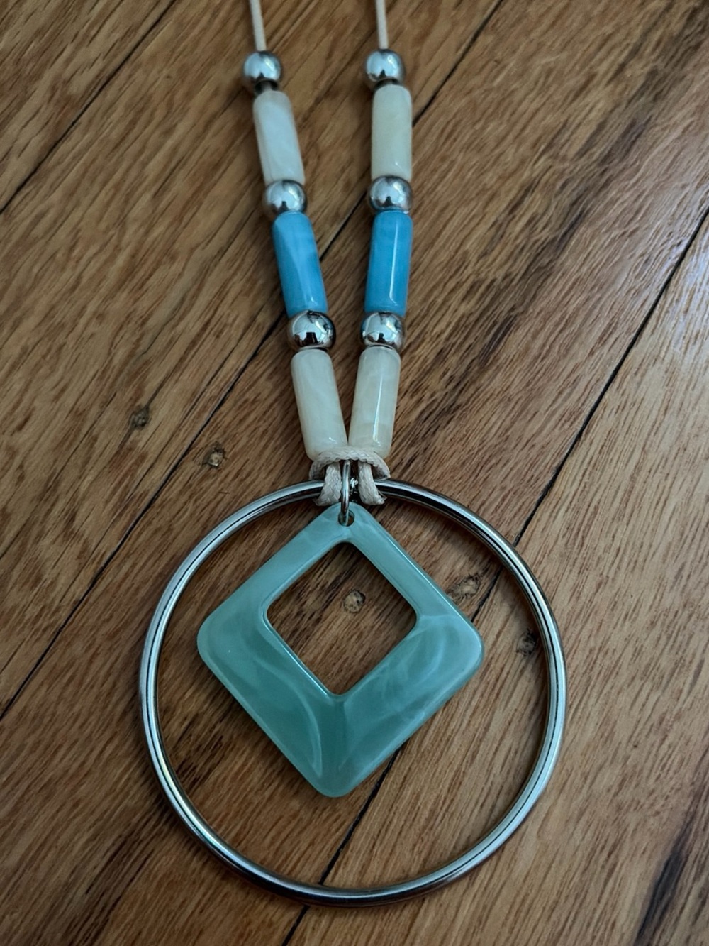 Blue and Cream Geometric Pendant Necklace with Silver Hoop